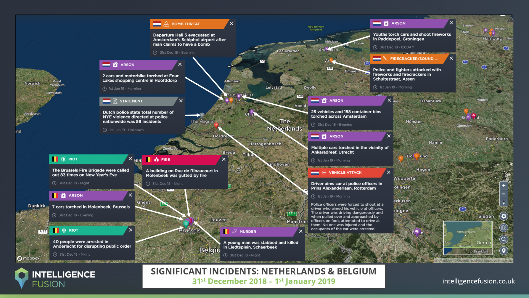 Crime across the Netherlands and Belgium as recorded by Intelligence Fusion on New Year's Eve 2018/19